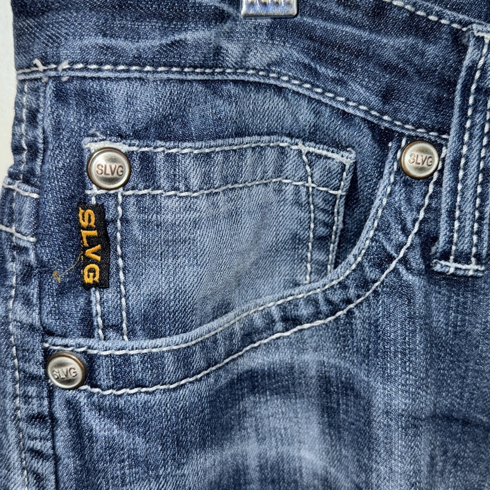 Buckle Salvage Supply 33x32  Mens Distressed Flare Leg Denim Jeans - Picture 8 of 14